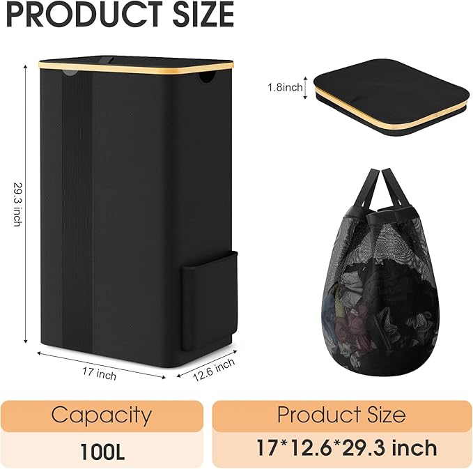 SpaceTrove Laundry Basket Clothes Hamper with Lid and Removable Bag Large Collapsible Laundry Baskets with Handle, Freestanding Hampers for Bedroom Aesthetic, Dorm, Bathroom, Laundry Room 100L (Black)