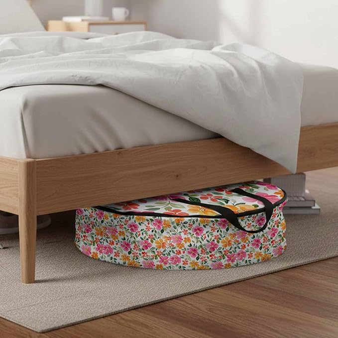 Red Yellow Floral Round Storage Bag 36 Inch, Retro Spring Leaves Flower Clothes Storage Container with Handles Heavy Duty Organizer for Comforter, Bedding & Holiday Wreaths