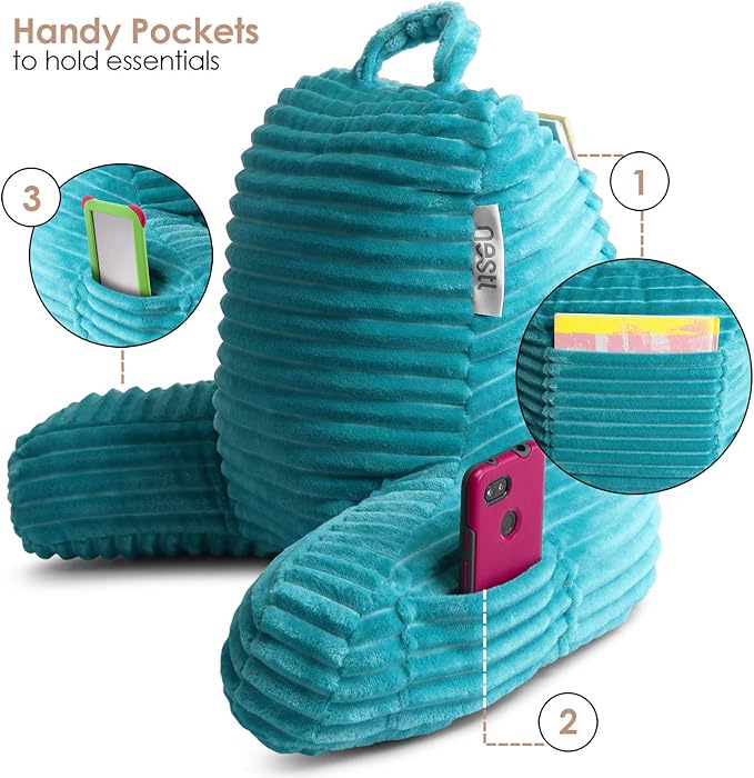 Nestl Teal Reading Pillow with Bed Desk for Laptop and Writing, Luxe Cut Plush Back Pillow for Sitting Up, Back and Arms Adjustable Support for Kids and Teens, Foldable Lap Desk for Bed 19x11”