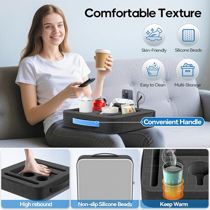 Couch Cup Holder Tray, Couch Caddy for Drink, Snack, Phone, Remote, Ipad, Game Controller, Large-Size Sofa Cup Holder for Bed, Sofa, Car, Desk, Black