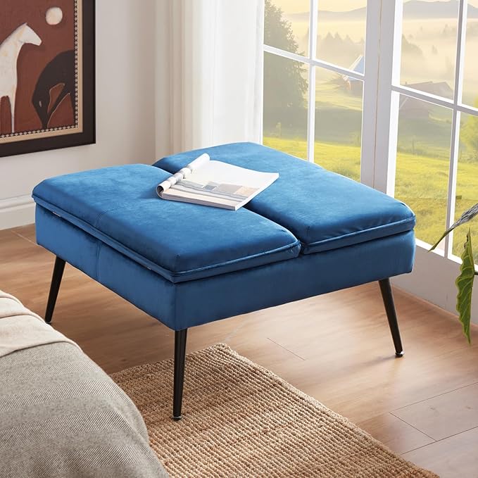Square Ottoman with Storage, Large Oversized Ottoman Coffee Table, Double Flipping Lid & Mid-Century Modern & Velvet Style, Loads 660 lb, for Living Room, Bedroom, Entryway, Navy