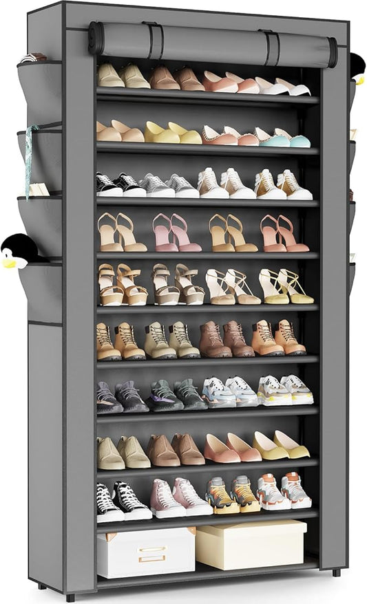 Mavivegue Shoe Rack with Cover, 10+1 Tier Tall Shoe Storage for 50-55 Pairs of Shoes, Shoe Organizer for Entryway, Closet, Garage, Grey