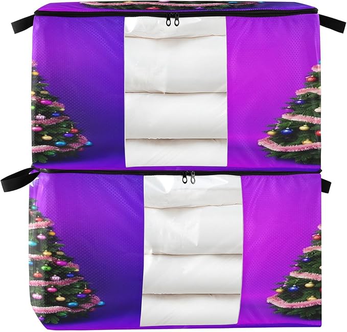Burbuja Christmas Tree Clothes Storage Bag with Lids and Handle, 2 Pack Foldable Blanket Storage Container with Sturdy Zipper & Clear Window for Bedroom Closet, 60L