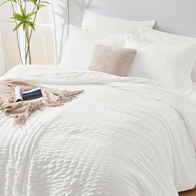 CozyLux King Size Comforter Set White Seersucker 7 Pieces Bed in a Bag King Comforter Set with Sheets, Luxury Soft Bedding Sets with Down Alternative Comforter, Sheets, Pillowcases & Shams All Seasons
