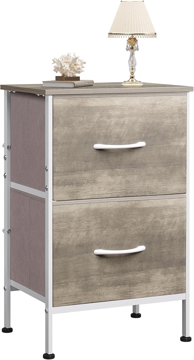 WLIVE Night Stand, Greige Nightstand with 2 Fabric Drawers, Small Dresser for Bedroom, Bedside Table End Table with Storage Drawer, College Dorm, Dormitory, Greige Oak