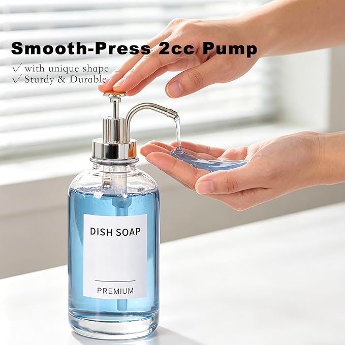 Dish Soap Dispenser for Kitchen, Hand Glass Soap Dispenser Set with Pump, Tray, Funnel for Bathroom, Shower, Laundry, Liquid, Lotion (Silver 2 Pack 18 Oz Clear Bottles with 12 Stickers)