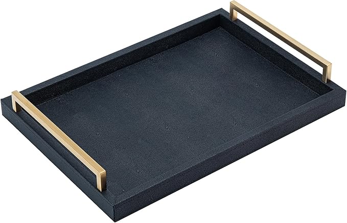 XIGEXIGE Black Faux Leather Serving Tray, 17x12 inches, Brushed Gold Handles, Decorative Tray for Ottoman Coffee Table, Living Room, Kitchen, Bathroom
