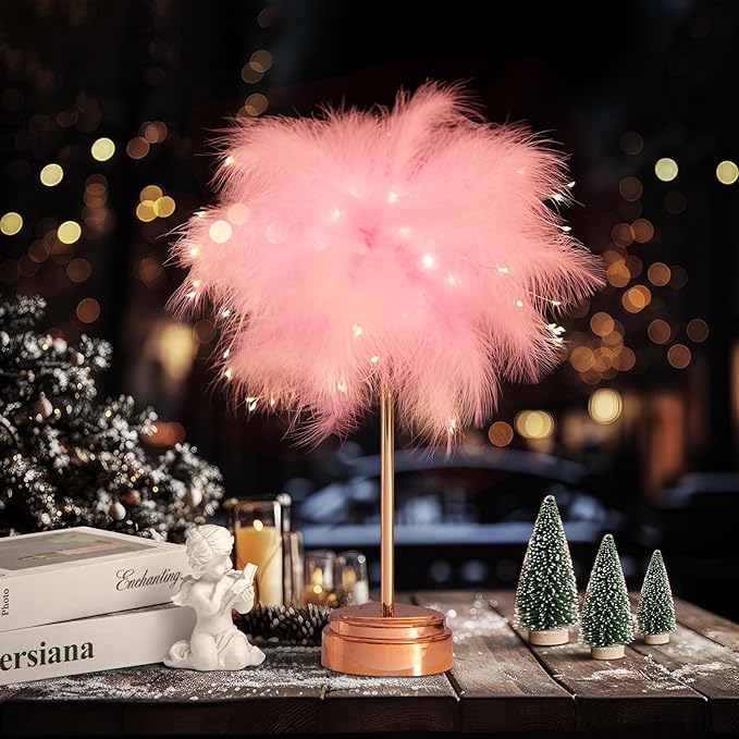 BDUSXYZ Pink Feather Lamp - LED Atmosphere Feather Night Lights Bedside Lamps for Mother, Girlfriend Home Girl Room Wedding Decoration