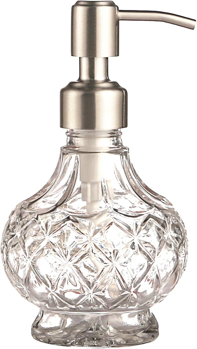 YunNasi Soap Dispenser with Stainless Steel Pump, Clear Crystal Design, Vintage and Elegant, Refillable Liquid Hand Soap Dish Soap Dispensers for Bathroom Counter, Kitchen Sink (Style 1)