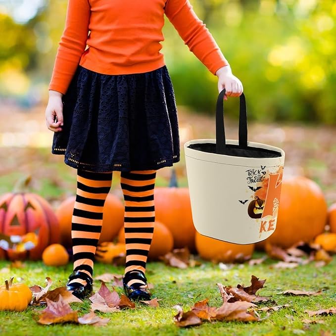 Personalized Halloween Trick or Treat Candy Bag with Name Custom Text Party Tote Bucket Halloween Candy Basket Gift (Bag-2)