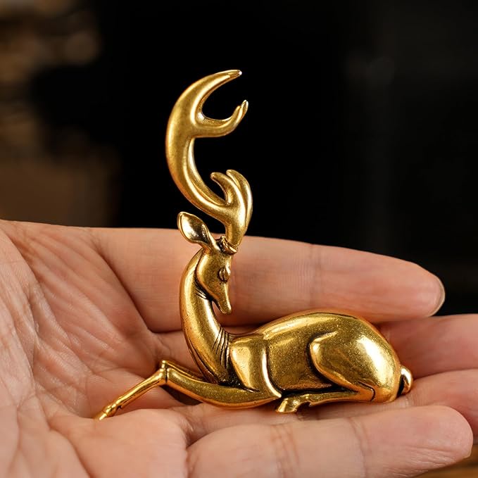 CHOVY Retro Handcrafted Nostalgic Deer Statue - 100% Solid Brass Body & Genuine White Copper Horns | Elegant Tabletop Decor, Vintage Desk Ornament, Unique Gift for Nature Lovers