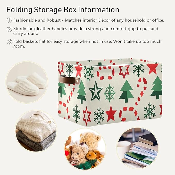 Christmas Storage Baskets, Canvas Fabric Bins with Holiday Pattern, Collapsible Organizer with Handles, 14.2x10.2x8.3 Inches