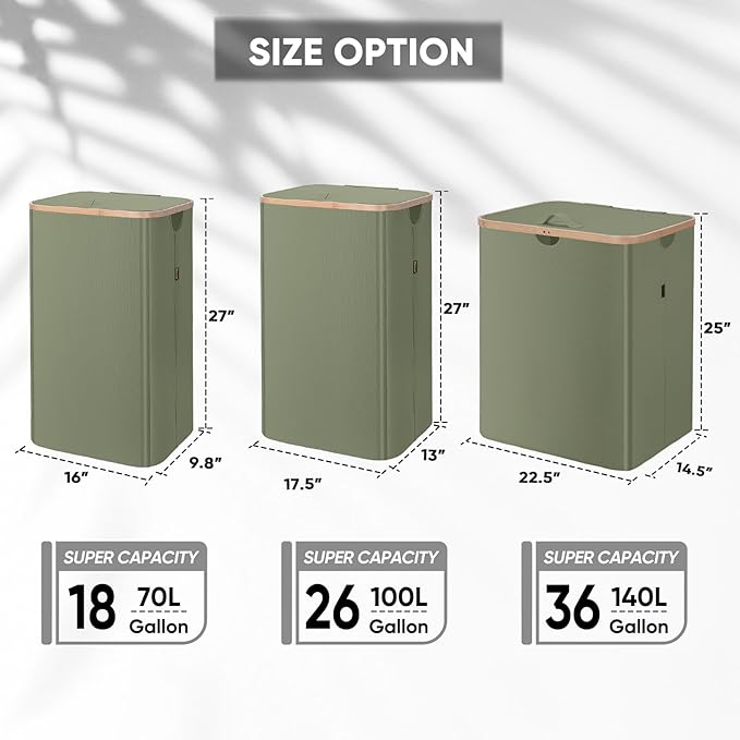 BALEINE Laundry Hamper with Lid, Tall Laundry Baskets with Bamboo Pull Handles, Large Laundry Bin with Internal Support (26 Gal/100L, Green)