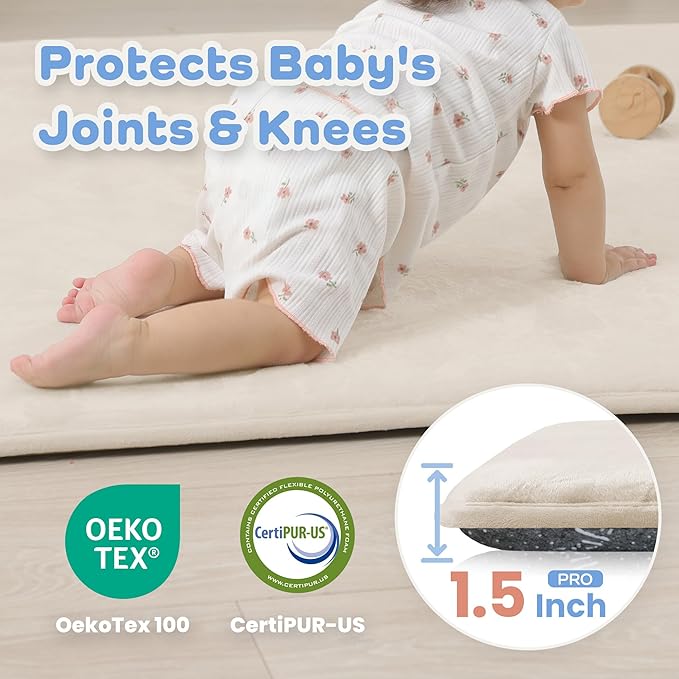 1.5" Thick Baby Play Mat for Floor, 39x59 Playpen Mat, Pro Soft Flannel Foam Mats Toddler Infant Kids Crawling for Nursery Rug Playroom Living Room Waterproof Easy Care Non-Slip (Beige)