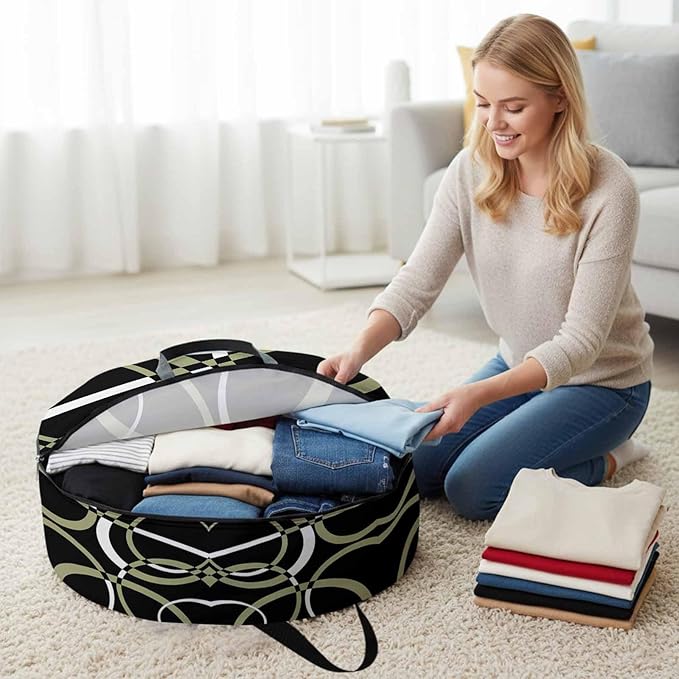 Storage Bag Sage Green Black Geometric Circle Round Storage Totes Bins Closet Organizers with Zippers & Handle Modern Abstract Lines Clothes Storage Container for Bedroom Space Saving Packing Supplies