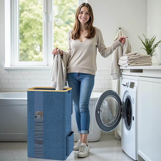 SpaceTrove Laundry Basket Clothes Hamper with Lid and Pocket Large Collapsible Laundry Baskets with Handle, Freestanding Hampers for Bedroom Aesthetic, Dorm, Bathroom, Laundry Room (100L,Light Blue)