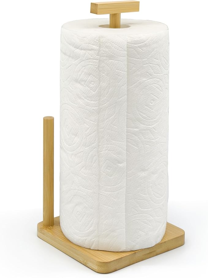 Paper Towel Holder Kitchen Roll Holder, Bamboo Paper Rolls Organizer Countertop with Non-Slip Base