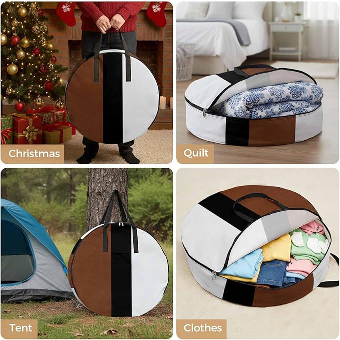 Storage Bag Brown Black Stripe Round Storage Totes Bins Closet Organizers with Zippers & Handle Boho Style Clothes Storage Container for Bedroom Dorm Space Saving Packing Supplies Moving Bags