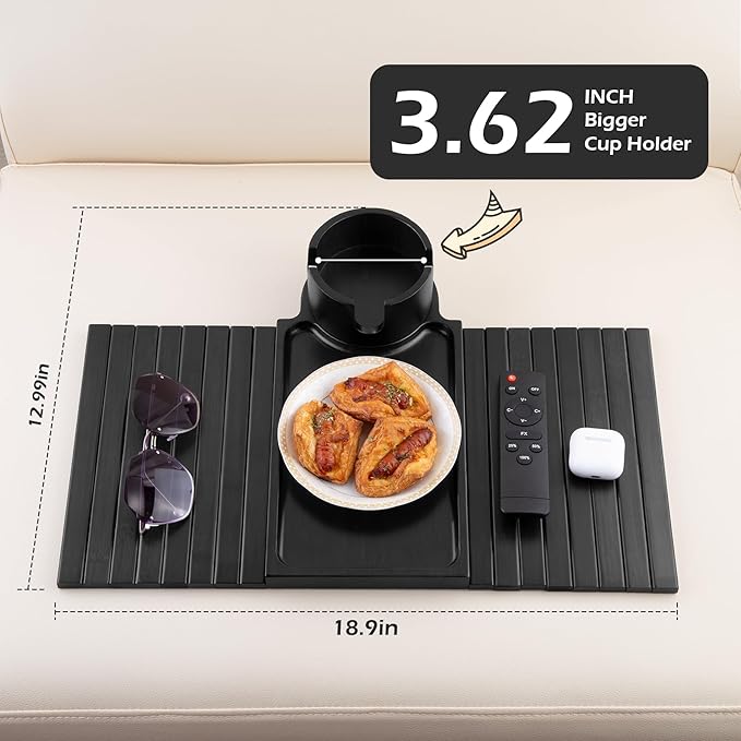 GHKINMAL Couch Cup Holder Tray, 3 in 1 Large Couch Arm Trays,Bamboo Chair Clip on Tray with 360° Ratated Phone Holder for Couch,Armrest Tray for Snacks,Remote,Phone