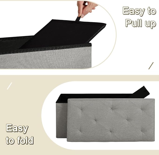 VECELO 30'' Folding Storage Ottoman Bench, Storage Chest, Linen Fabric Foot Rest Stool, 110L Storage Footstools for Bedroom and Living Room, Holds up to 440 lbs, Grey