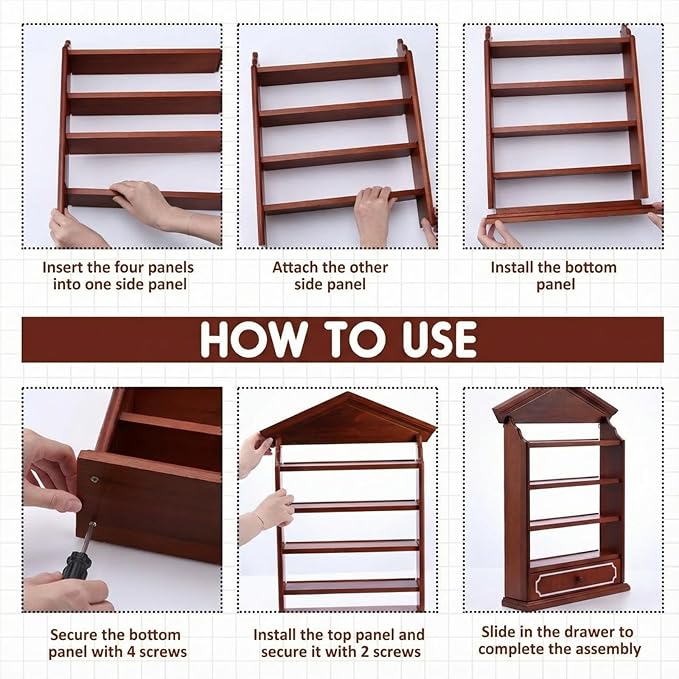 Chunful Vintage Spice Jar Wooden Rack with 4 Shelves and Drawer Hanging Spice Rack Wall Mounting Kitchen Storage Village Style Display Shelf for 24 Jars, Shelf Only(Classic)