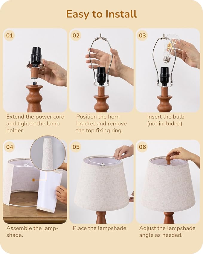 EDISHINE 21.85" Tall Table Lamp, Rustic Bedside Lamp, Water Transfer Rose Wood Grain Metal Base, Beige Linen Shade, Modern Nightstand Lamp for Living Room, Bedroom, Office, E26 Base