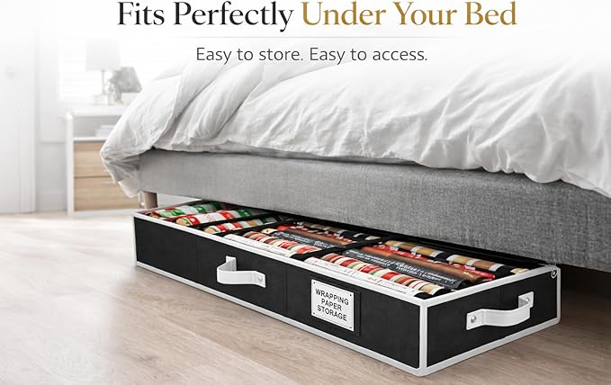 Wrapping Paper Storage Organizer – Under-Bed Gift Wrap & Ribbon Organizer Container (Fits up to 24 Rolls, 40″ × 14″ × 6″) Durable Fabric with Accessory Pockets & Adjustable Dividers