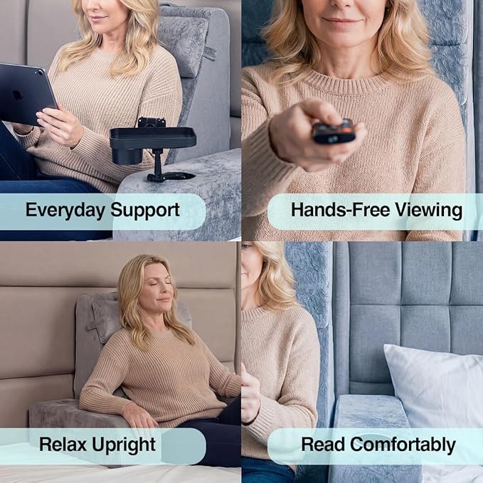 TabCouchCaddy Reading Pillow for Adults – 24” XL Memory Foam Backrest with Detachable Arms, Cup Holder, Phone Caddy & Adjustable Tray Mount | Back Pillow for Bed Sitting Up, Reading, TV & Recovery