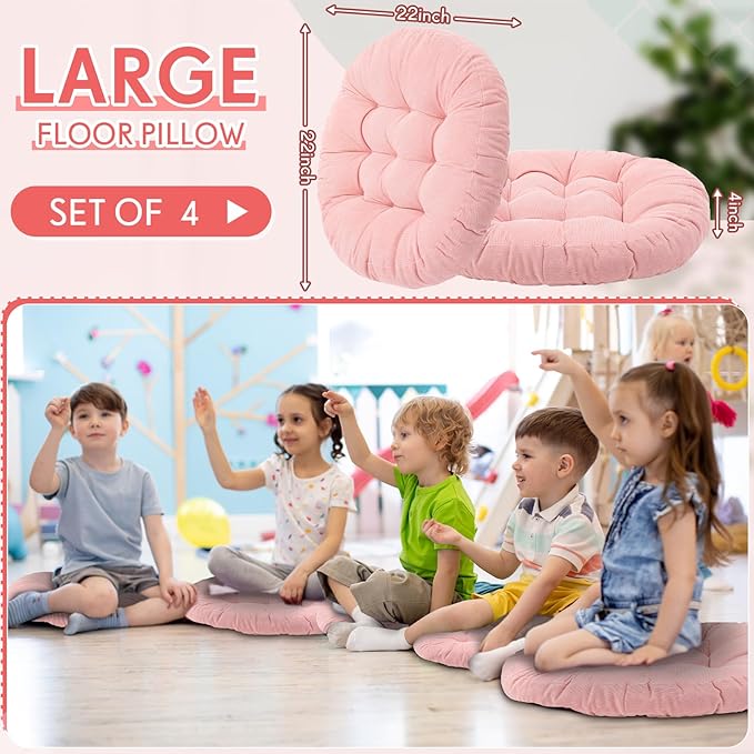 Jerify Floor Pillow Cushions Large Round Square Large Meditation Floor Pillow for Classroom Adult Meditation Picnic Party Seating Learning Daycare School(Round,Pink,4 Pcs)