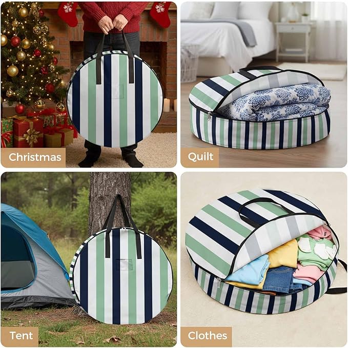 Storage Bag Navy Blue Stripes Round Storage Totes Bins Closet Organizers with Zippers & Handle Green Contrast Striped Clothes Storage Container for Bedroom Dorm Space Saving Packing Supplies Bags