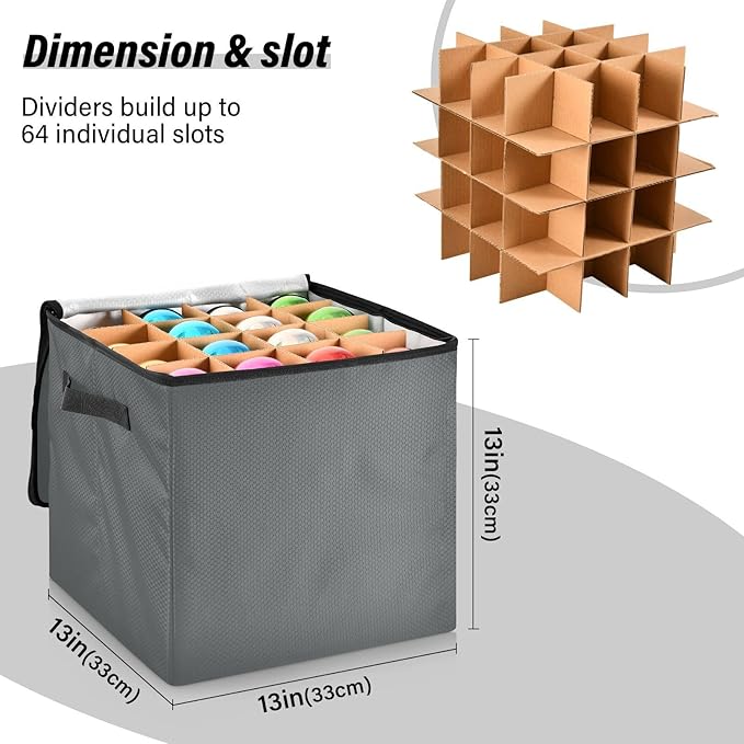 Gray Christmas Ornament Storage Basket Box Holiday Storage Container Cube with Adjustable Dividers for 64 Holiday Ornaments or Decorations Keeps Clean and Dry for Next Season