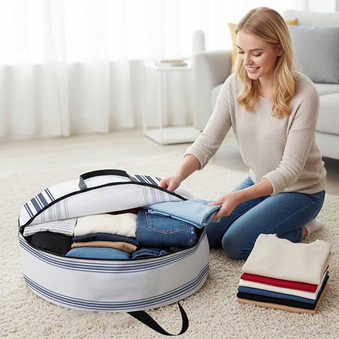 Storage Bag Blue White Striped Round Storage Totes Bins Closet Organizers with Zippers & Handle Farmhouse Striped Clothes Storage Container for Bedroom Dorm Space Saving Packing Supplies Moving Bags