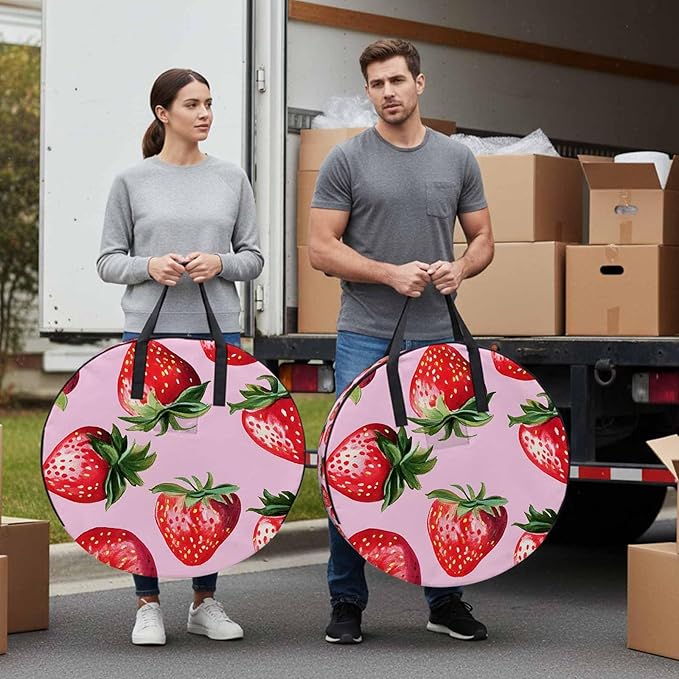 Strawberry Round Storage Bag 30 Inch, Red Plant Fruit Watercolor Pink Background Clothes Storage Container with Handles Heavy Duty Organizer for Comforter, Bedding & Holiday Wreaths