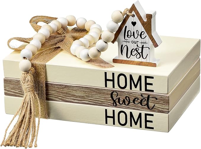 Tatuo 4 Pcs Wooden Farmhouse Decorative Books for Home Decor Coffee Table Faux Books for Decoration White Fake Decorative Home Sweet Stacked Display Set with Beads Garland Shelf Living Room Decor
