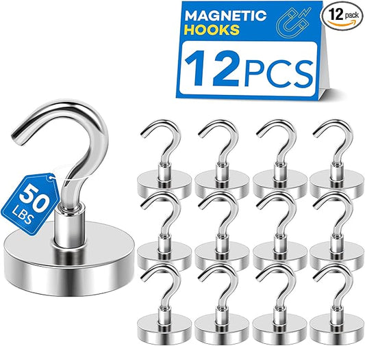 LOVIMAG Strong Magnetic Hooks, 50LBS Neodymium Magnets with Hooks Magnetic Hooks Cruise for Refrigerator, Powerful Magnet Hooks Magnetic Hanger for Hanging, Grill, Locker,Kitchen, Metal Door-12 Pack