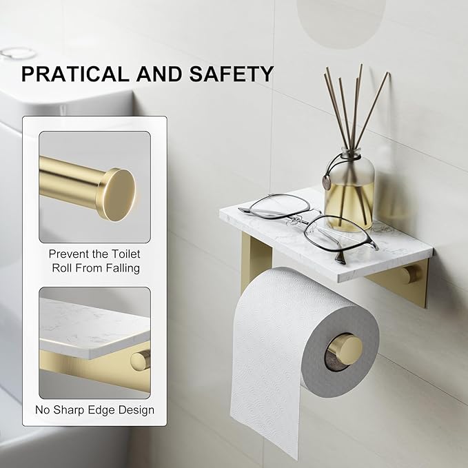 Brushed Gold Toilet Paper Holder with Marble Shelf, 304 Stainless Steel Tissue Hand Holder Wall Mounted Toilet Paper Roll Hold with Phone Shelf for Bathroom Kitchen Washroom Bedroom