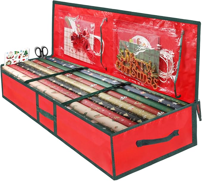 Christmas Gift Wrapping Paper Organizer Storage Bags,Plastic Container for Holiday Supplies & Accessories, Gift Bag Organizer, Under Bed Wrapping Paper Storage (Red)