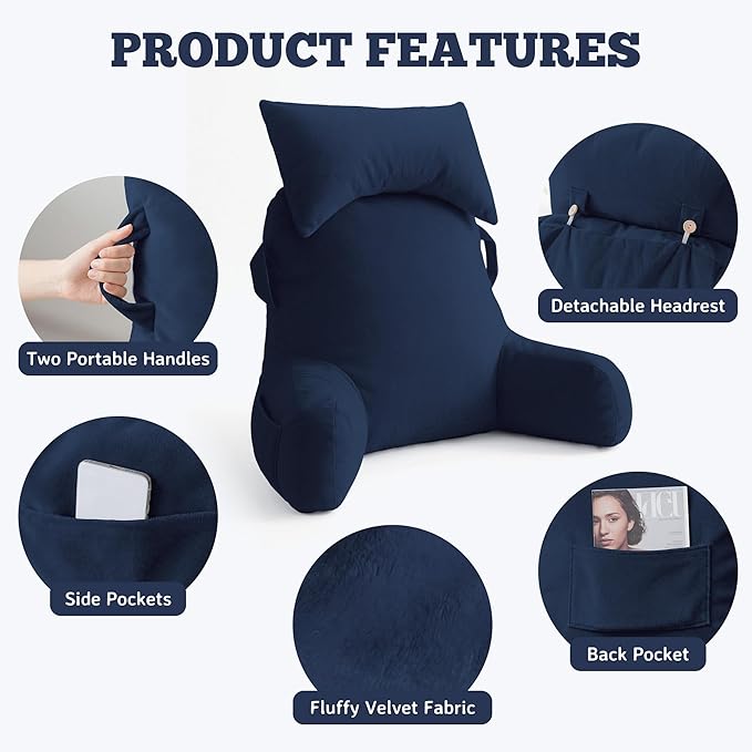 Unisakey Portable Reading Pillows with Headrest for Bed Sitting Up(Royal Blue Oeko-Tex), Velvet Back Pillow with Arms & Pockets for Adults, Support Memory Foam Bed Pillow for Dorm/Watching/Gaming
