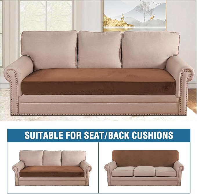 H.VERSAILTEX Velvet Stretch Individual Couch Cushion Cover Plush Cushion Slipcover for Loveseat Sofa Cushion Furniture Protector Seat Cushion Sofa Cover (1 Piece Sofa Cushion Cover, Caramel Cafe)