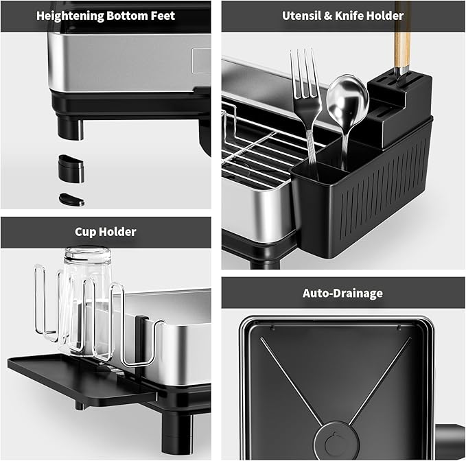 Ewaiira Dish Drying Rack, 304 Stainless Steel Dish Racks for Kitchen Counter, Dish Drainers with Automatic Drainage, Utensil Holder & Cups Holder, Space Saving Kitchen Organizer, Black 16.5''x12.6''