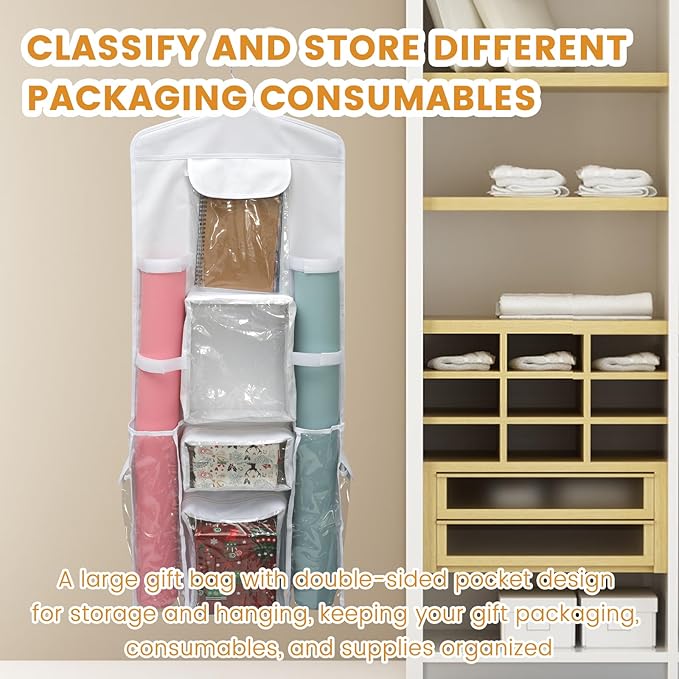 Wrapping Paper Storage - Double-Sided Hanging Wrap Organizer, Compartmental Wrap Organizer Holder, Wrapping Paper Storage Containers, Behind The Door Storage for Kitchen Bedroom Closet (White)