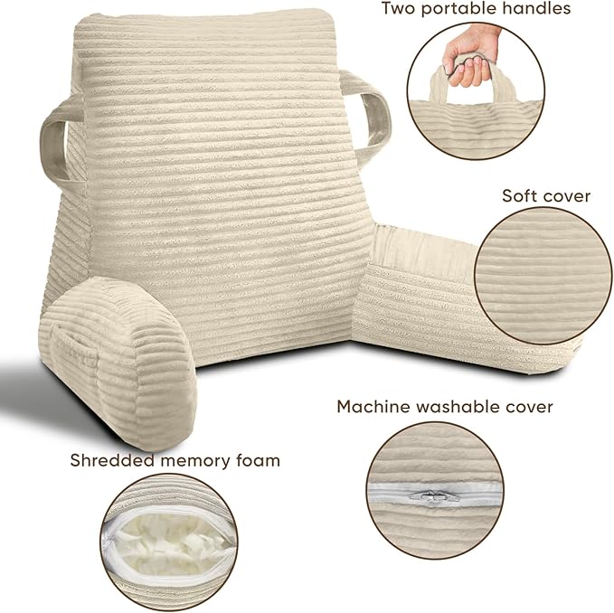 Reading Pillow for Sitting in Bed Adult, Bed Reading Pillow with Shredded Memory Foam, Back Pillow for Sitting with Arms and Pockets, Beige