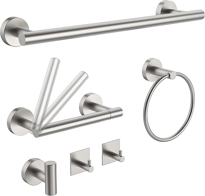 RARXTR 6 PCS Bathroom Hardware Set, Including 16" Hand Towel Bar, Toilet Paper Holder, Towel Ring, Robe Towel Hooks, Bathroom Accessories Kit (Brushed Stainless Steel)