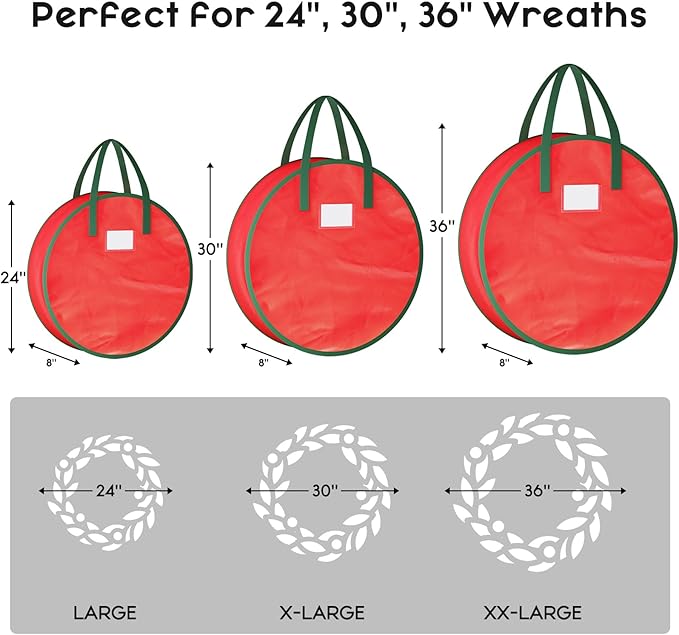Criusia Wreath Storage Container, 2 Pack Christmas Wreath Storage Bag with Sturdy Handle, Two-Way Zipper,Durable Wreath Storage Organizer Box for Holiday Decoration (Red, 24"x8")