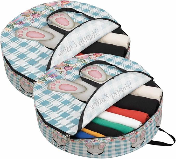 30 Inch Round Storage Bag 2 Pack,Easter Day Bunny Tail Blue Check Waterproof Wreath Storage Container with Handles&Zipper Spring Cute Rabbit White Grid Closet Organizer Bags Garland Box