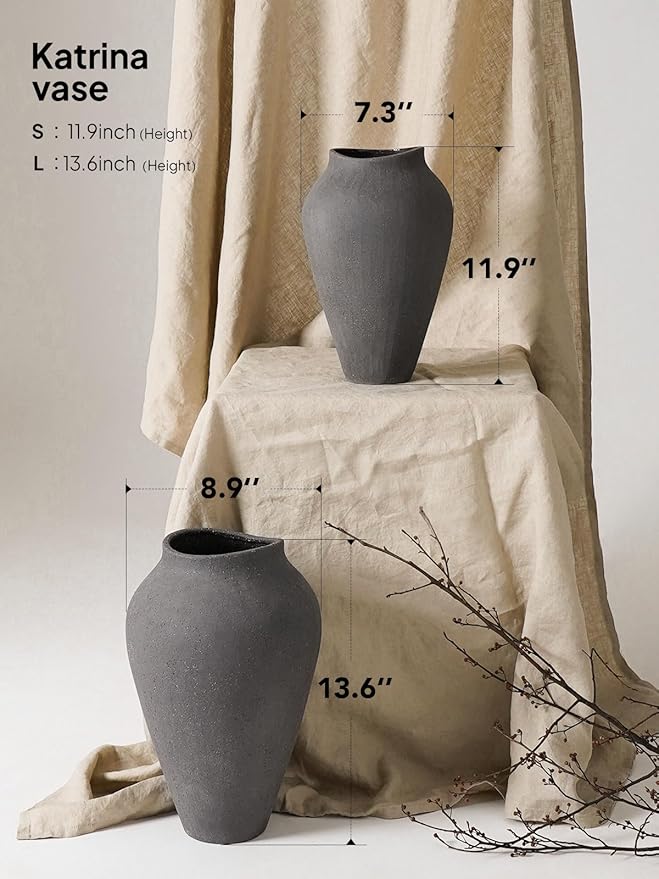 Ceramic Vase - Large 13.6 Inch Tall Floor Vase for Centerpieces, Farmhouse Flower Vases, Rustic Minimalist Home Decor for Living Room, Enterway, Wedding (Sandstone Dark Gray)