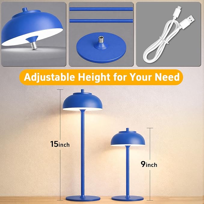 Blue Table Lamp Set of 2 Rechargeable,Table Lights Battery Operated-IP65 Waterproof-for Outdoor Patio/Restaurants/Home/Dinner/Table Lighting-Touch Control & Dimmable