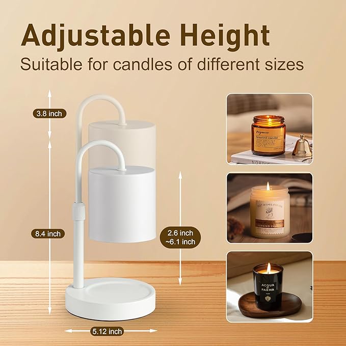 Briever Dimmable Candle Warmer Lamp with Timer, Height Adjustable Electric Candle Wax Warmer, Christmas Birthday Gifts for Women Mom, House Warming Gifts New Home Room Decor, White Solid Wood Base