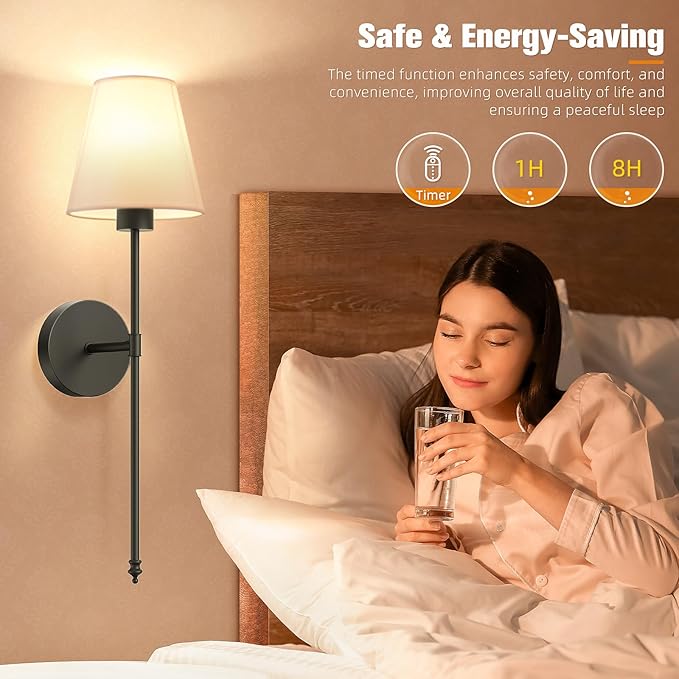 NIORSUN Battery Operated Wall Sconce Set of Two, Black Rechargeable Wall Sconces with Dimmable Detachable Bulbs and Remote, Wireless Wall Lights for Bedroom Living Room Hallway Home Decor