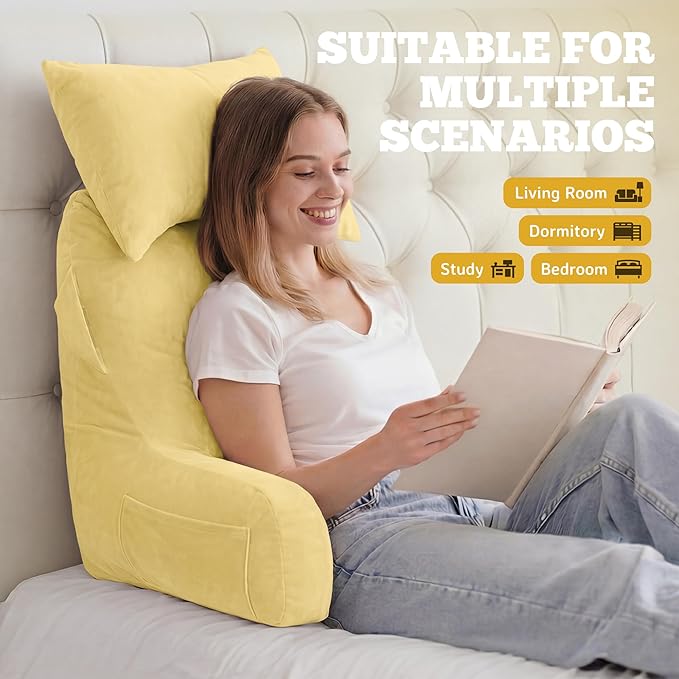 Unisakey Portable Reading Pillows with Headrest for Bed Sitting Up(Yellow Oeko-Tex), Velvet Back Pillow with Arms & Pockets for Adults, Support Memory Foam Bed Pillow for Dorm/Reading/Watching/Gaming